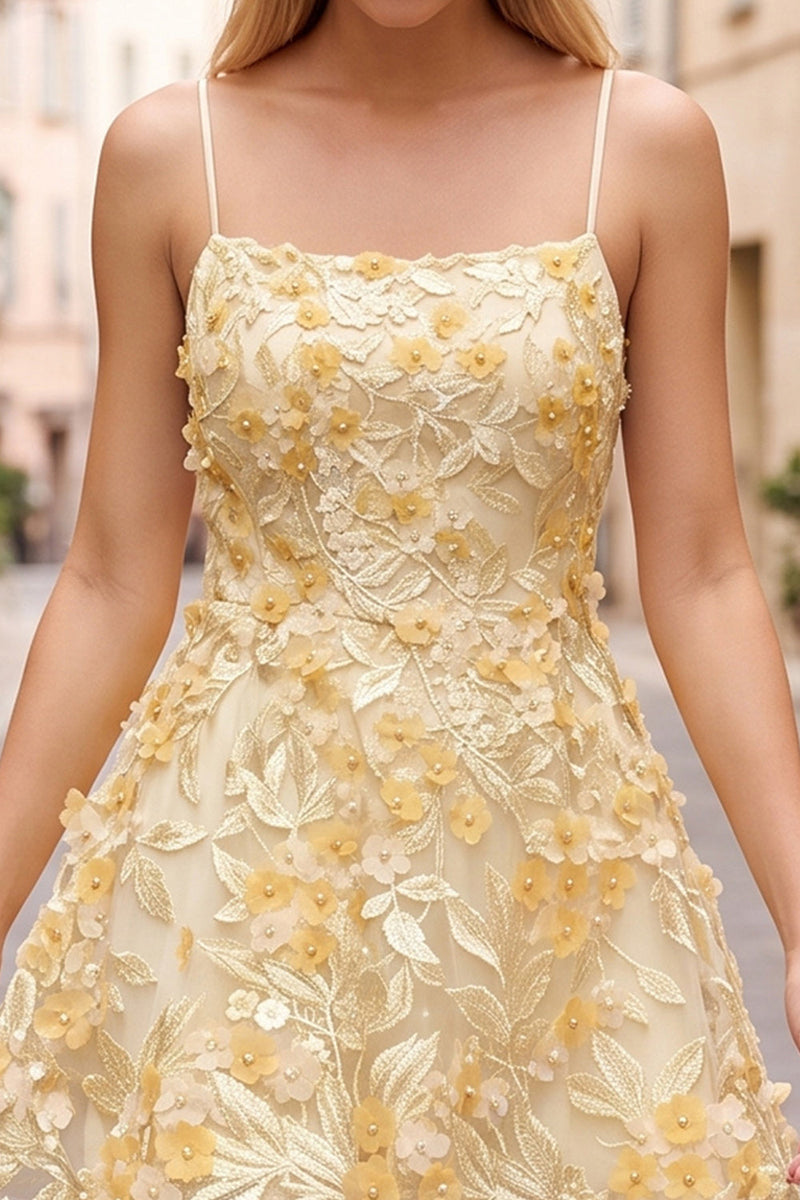 Load image into Gallery viewer, Sparkly Yellow A Line Lace Floral Short Cocktail Dress with Pearls