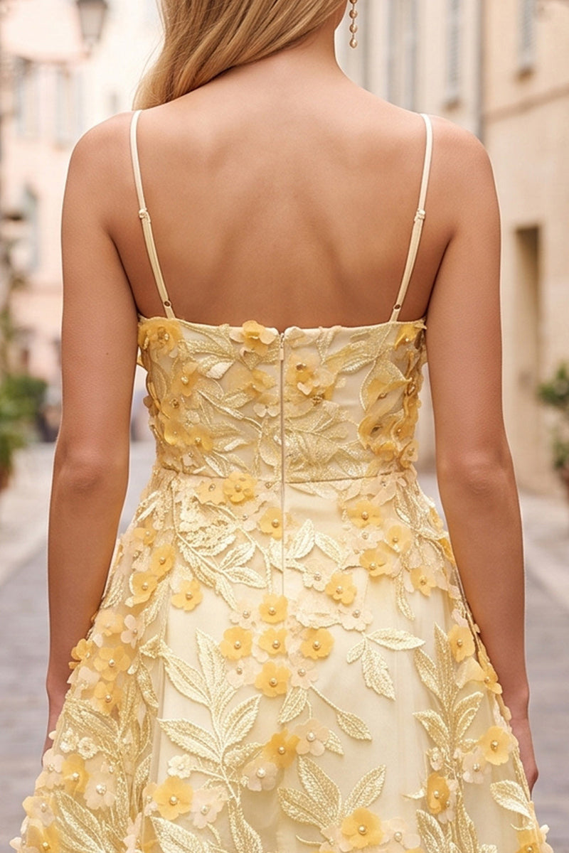 Load image into Gallery viewer, Sparkly Yellow A Line Lace Floral Short Cocktail Dress with Pearls