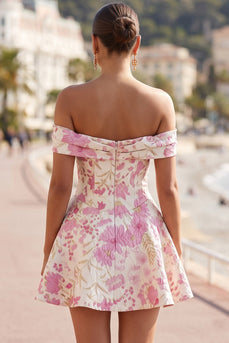 Pink A Line Floral Off The Shoulder Mini Cocktail Dress