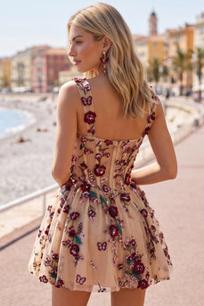 Sparkly Champagne Cocktail Floral A Line Sequin Short Dress with Pockets