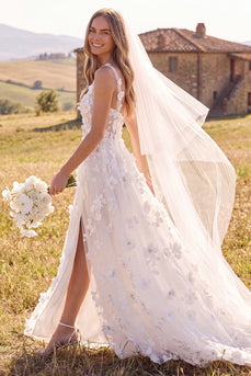Floral White Corset A-Line V Neck Sweep Train Wedding Dress with Slit