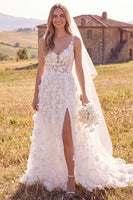 Load image into Gallery viewer, Floral White Corset A-Line V Neck Sweep Train Wedding Dress with Slit
