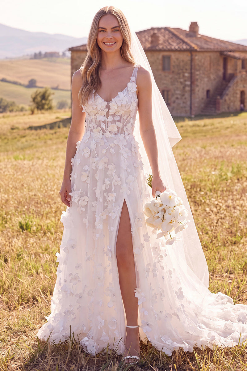 Load image into Gallery viewer, Floral White Corset A-Line V Neck Sweep Train Wedding Dress with Slit