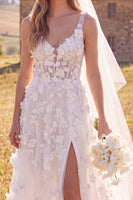 Load image into Gallery viewer, Floral White Corset A-Line V Neck Sweep Train Wedding Dress with Slit