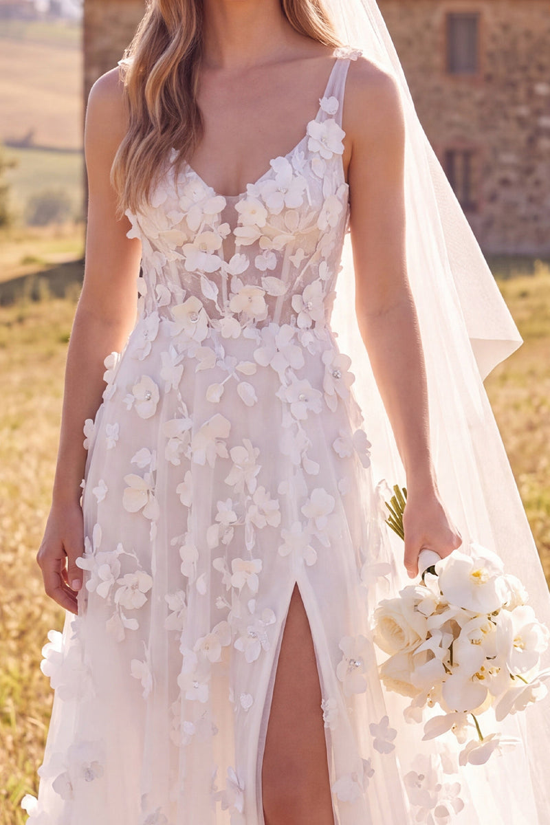 Load image into Gallery viewer, Floral White Corset A-Line V Neck Sweep Train Wedding Dress with Slit