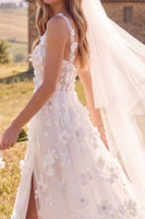 Load image into Gallery viewer, Floral White Corset A-Line V Neck Sweep Train Wedding Dress with Slit