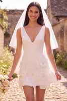 Load image into Gallery viewer, White V-Neck A Line Short Wedding Dress with 3D Flowers