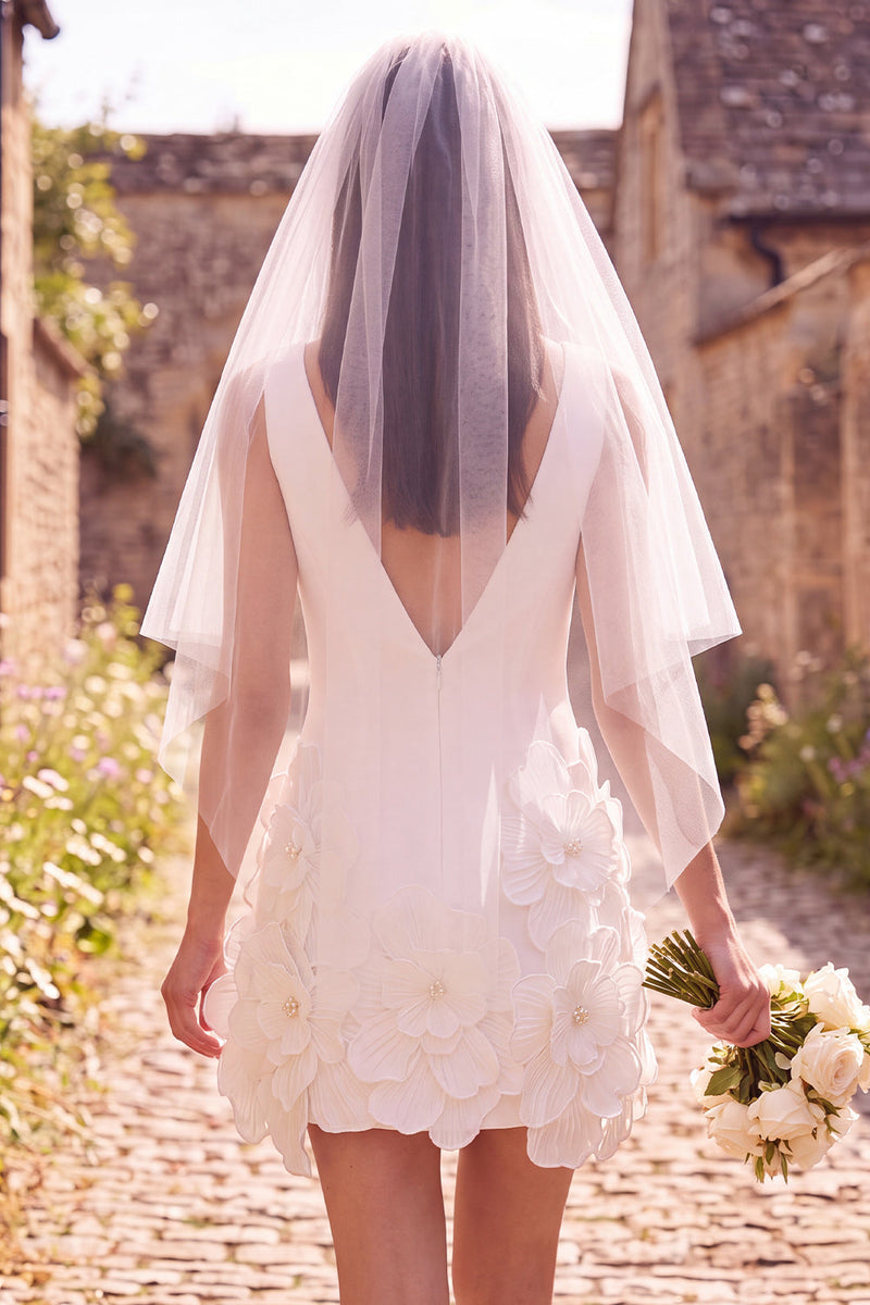 Load image into Gallery viewer, White V-Neck A Line Short Wedding Dress with 3D Flowers