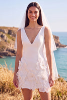 Load image into Gallery viewer, White V-Neck A Line Short Wedding Dress with 3D Flowers
