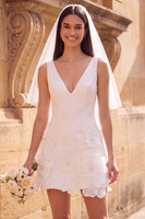 Load image into Gallery viewer, White V-Neck A Line Short Wedding Dress with 3D Flowers