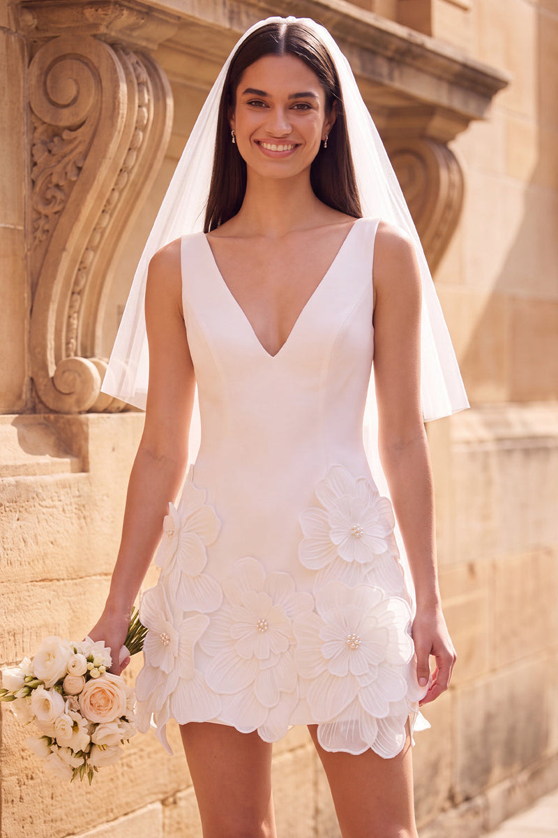 Load image into Gallery viewer, White V-Neck A Line Short Wedding Dress with 3D Flowers