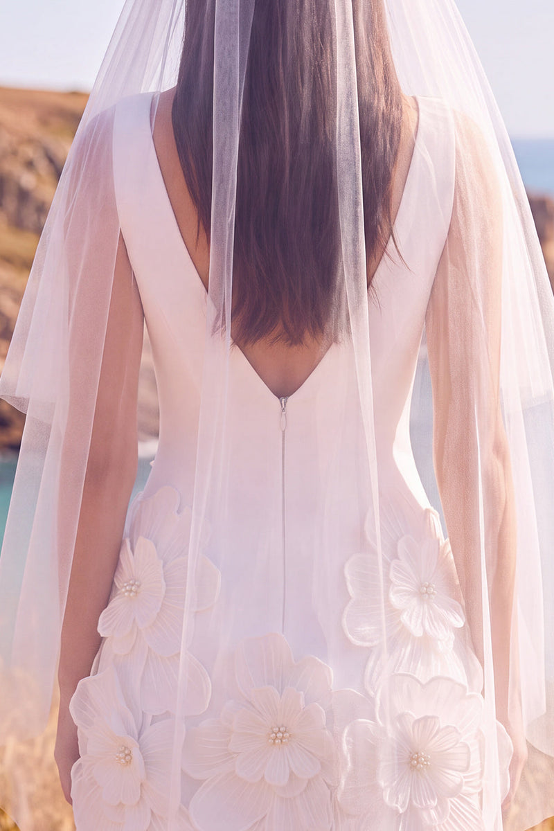 Load image into Gallery viewer, White V-Neck A Line Short Wedding Dress with 3D Flowers