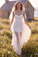 Load image into Gallery viewer, White Lace Corset Sweep Train Boho Wedding Dress