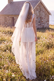 White Lace Corset Sweep Train Boho Wedding Dress