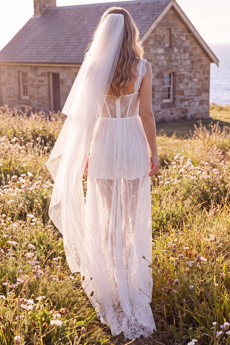 Load image into Gallery viewer, White Lace Corset Sweep Train Boho Wedding Dress
