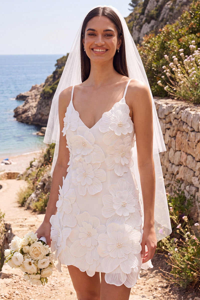 Load image into Gallery viewer, White Bodycon V-Neck Beaded Short Wedding Dress with 3D Flowers
