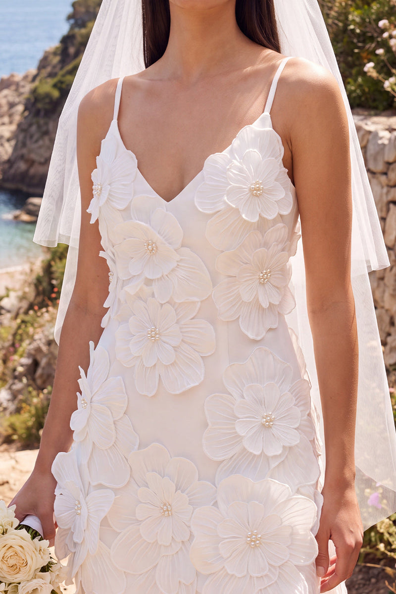Load image into Gallery viewer, White Bodycon V-Neck Beaded Short Wedding Dress with 3D Flowers