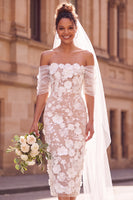 Load image into Gallery viewer, White Boho Floral Off the Shoulder Bodycon Midi Wedding Dress