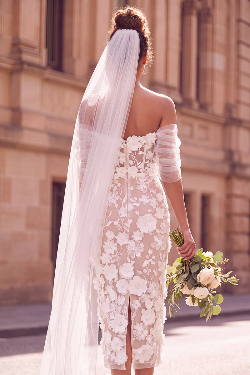 Load image into Gallery viewer, White Boho Floral Off the Shoulder Bodycon Midi Wedding Dress