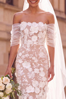 Load image into Gallery viewer, White Boho Floral Off the Shoulder Bodycon Midi Wedding Dress
