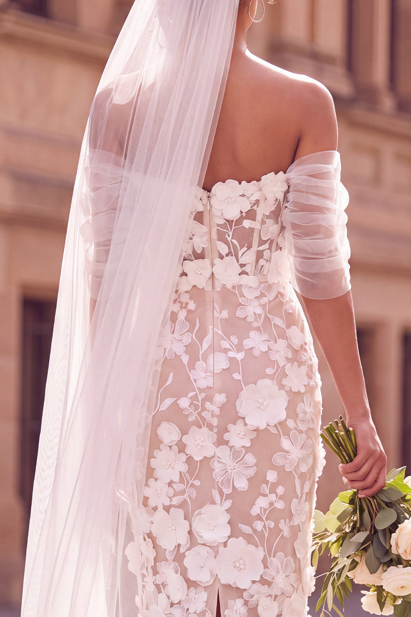 Load image into Gallery viewer, White Boho Floral Off the Shoulder Bodycon Midi Wedding Dress