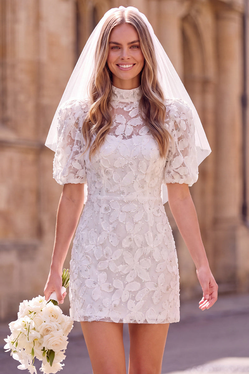 Load image into Gallery viewer, Sparkly White Bodycon High Neck Floral Short Boho Wedding Dress with Sleeves