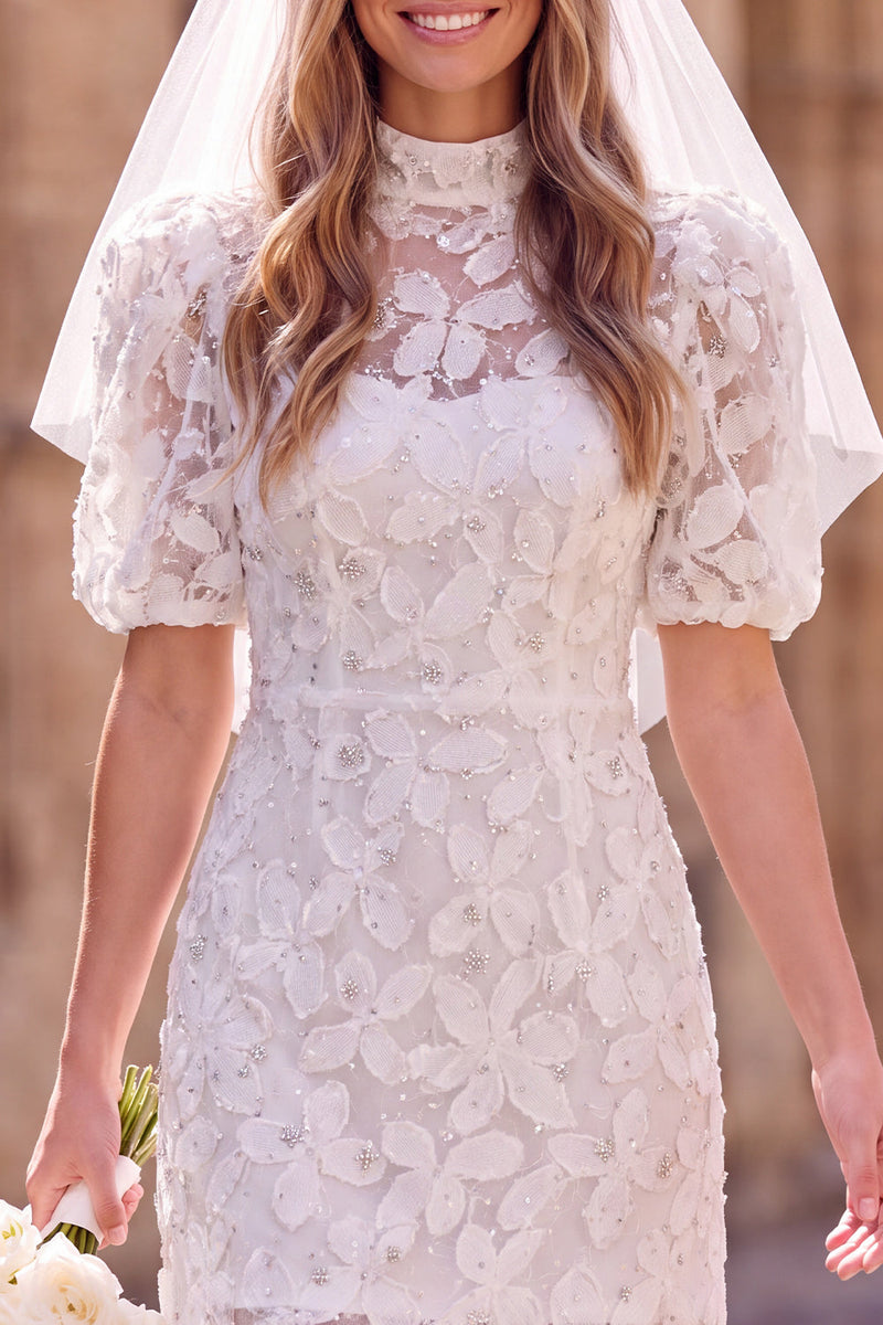 Load image into Gallery viewer, Sparkly White Bodycon High Neck Floral Short Boho Wedding Dress with Sleeves