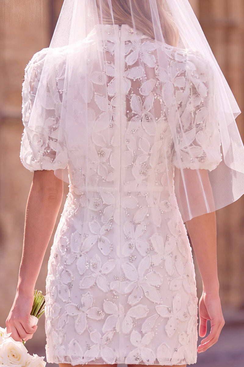 Load image into Gallery viewer, Sparkly White Bodycon High Neck Floral Short Boho Wedding Dress with Sleeves