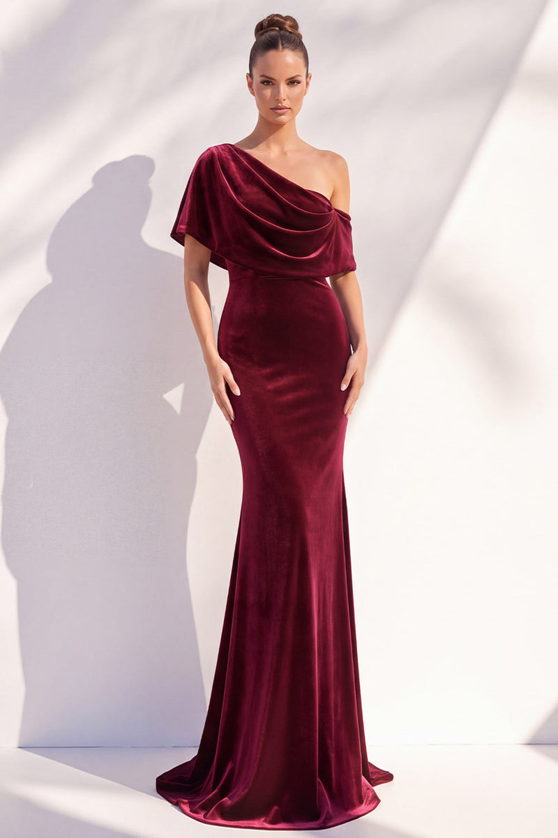 Load image into Gallery viewer, Terracotta Velvet One Shoulder Mermaid Long Evening Dress with Sleeves