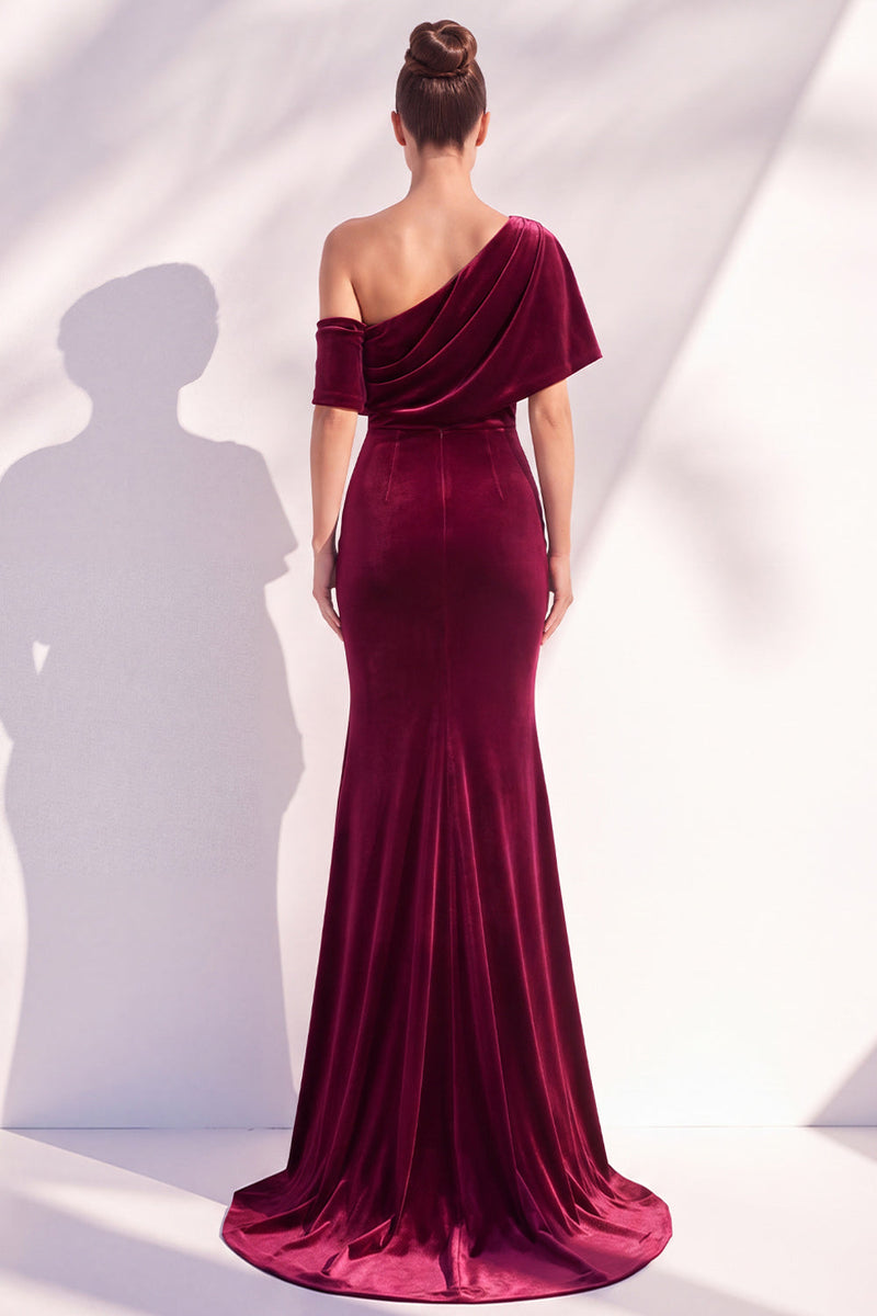 Load image into Gallery viewer, Terracotta Velvet One Shoulder Mermaid Long Evening Dress with Sleeves