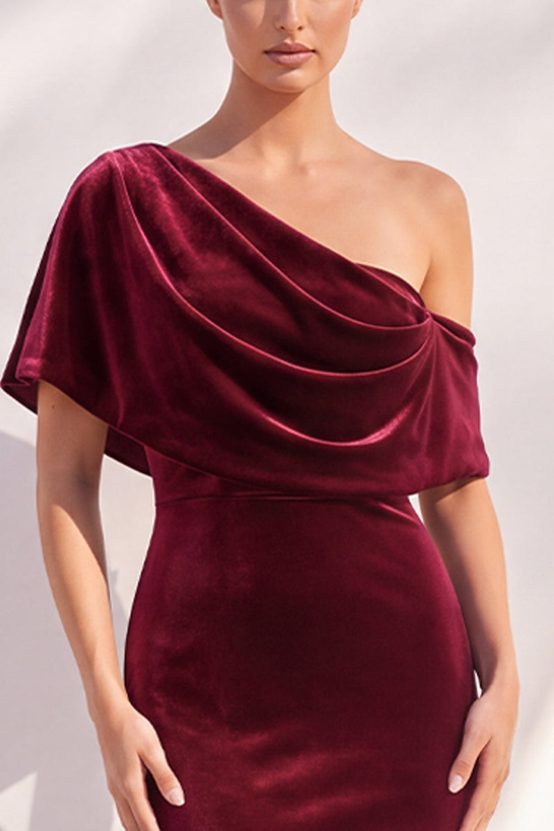 Load image into Gallery viewer, Terracotta Velvet One Shoulder Mermaid Long Evening Dress with Sleeves