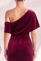 Load image into Gallery viewer, Terracotta Velvet One Shoulder Mermaid Long Evening Dress with Sleeves