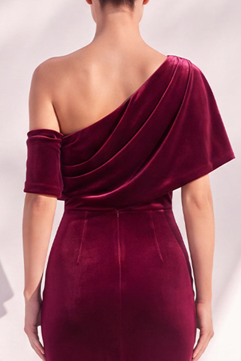 Load image into Gallery viewer, Terracotta Velvet One Shoulder Mermaid Long Evening Dress with Sleeves