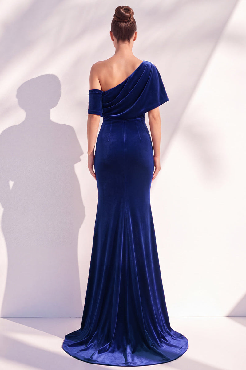 Load image into Gallery viewer, Terracotta Velvet One Shoulder Mermaid Long Evening Dress with Sleeves