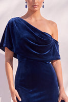 Load image into Gallery viewer, Terracotta Velvet One Shoulder Mermaid Long Evening Dress with Sleeves