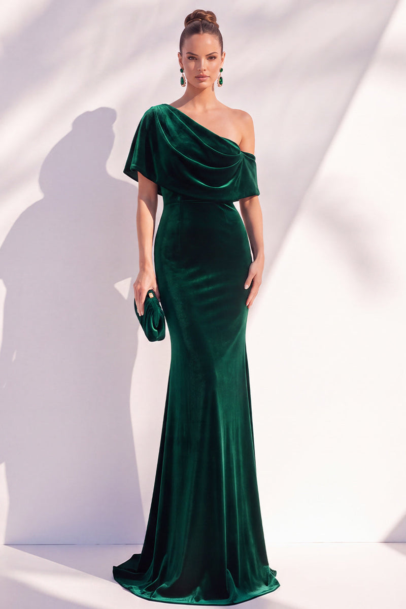 Load image into Gallery viewer, Terracotta Velvet One Shoulder Mermaid Long Evening Dress with Sleeves