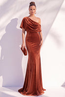 Load image into Gallery viewer, Terracotta Velvet One Shoulder Mermaid Long Evening Dress with Sleeves