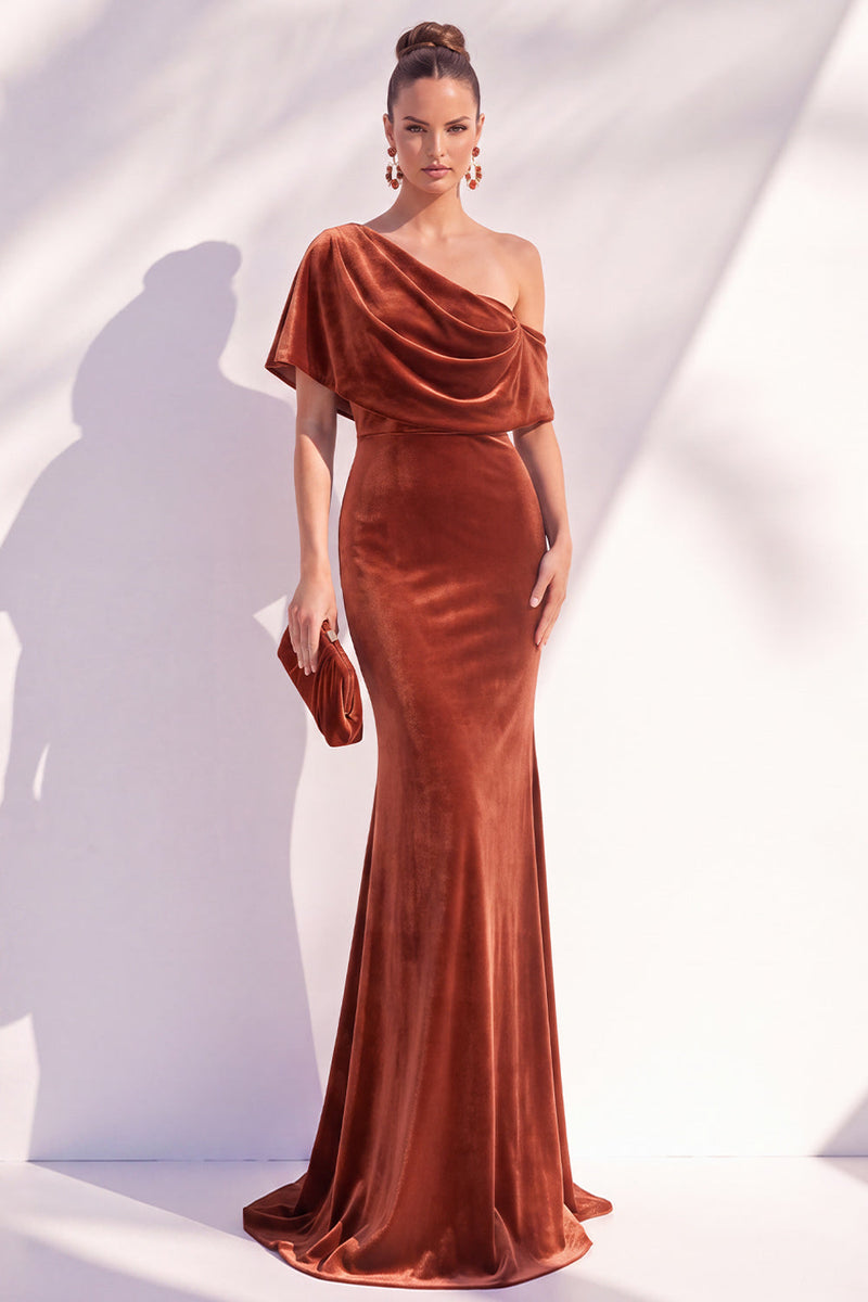 Load image into Gallery viewer, Terracotta Velvet One Shoulder Mermaid Long Evening Dress with Sleeves