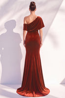 Load image into Gallery viewer, Terracotta Velvet One Shoulder Mermaid Long Evening Dress with Sleeves