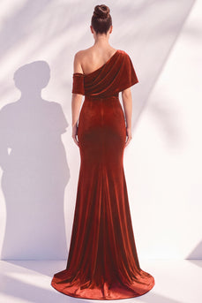 Terracotta Velvet One Shoulder Mermaid Long Evening Dress with Sleeves