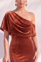 Load image into Gallery viewer, Terracotta Velvet One Shoulder Mermaid Long Evening Dress with Sleeves