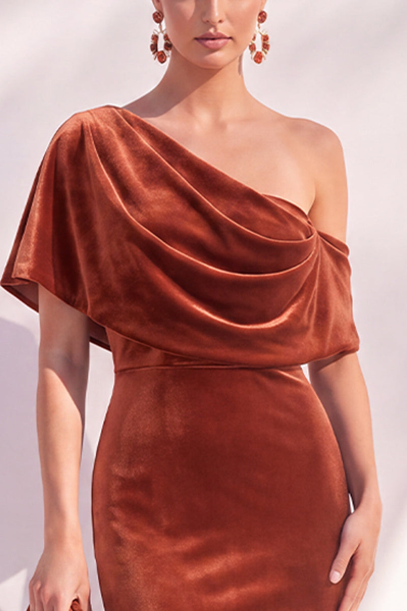 Load image into Gallery viewer, Terracotta Velvet One Shoulder Mermaid Long Evening Dress with Sleeves