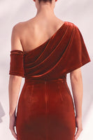 Load image into Gallery viewer, Terracotta Velvet One Shoulder Mermaid Long Evening Dress with Sleeves