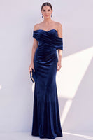 Load image into Gallery viewer, Dark Green Velvet Mermaid Off The Shoulder Long Evening Dress