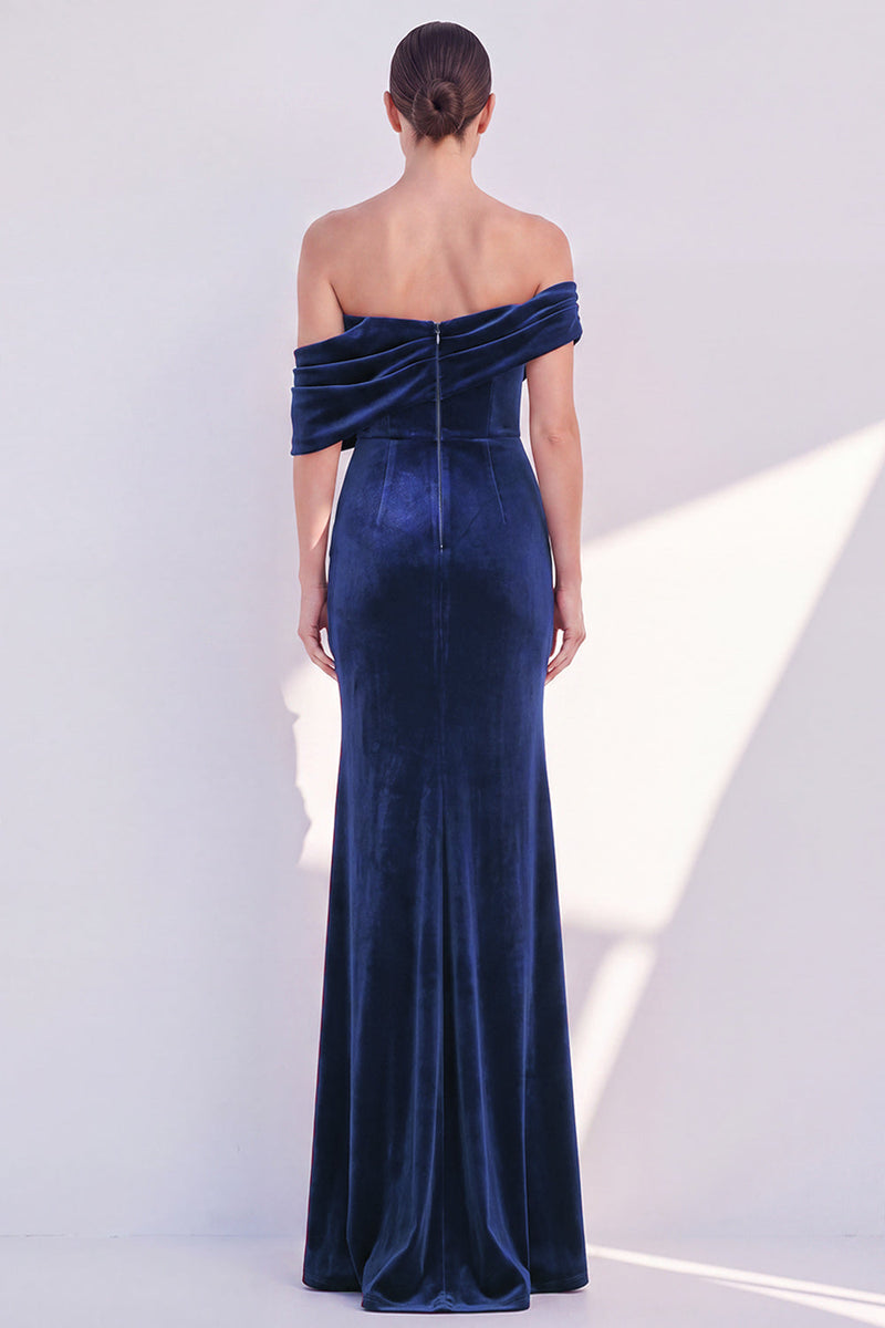 Load image into Gallery viewer, Dark Green Velvet Mermaid Off The Shoulder Long Evening Dress