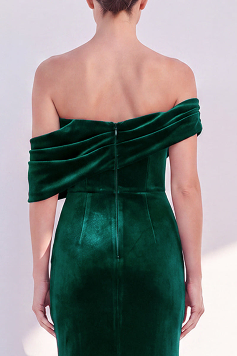 Load image into Gallery viewer, Dark Green Velvet Mermaid Off The Shoulder Long Evening Dress