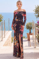Load image into Gallery viewer, Grey Blue Flower Floral Sheath Long Sleeves Wedding Guest Dress with Slit