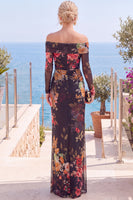 Load image into Gallery viewer, Grey Blue Flower Floral Sheath Long Sleeves Wedding Guest Dress with Slit