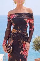 Load image into Gallery viewer, Grey Blue Flower Floral Sheath Long Sleeves Wedding Guest Dress with Slit