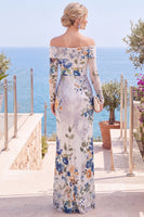 Load image into Gallery viewer, Grey Blue Flower Floral Sheath Long Sleeves Wedding Guest Dress with Slit
